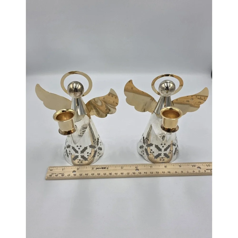 Vtg Internatial Silver Silverplate & Brass Angels‎ Holly Candlestick Holders 6